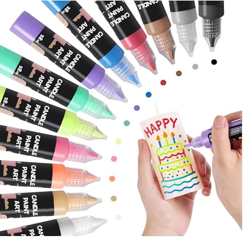Vasmeiy 12 Stück Kerzenstifte, 12-Farben Kerzen Bemalen Set, 28ml Wachsstifte für Kerzen, Kerzenfarbe Kerzenpen, Taufkerze Selber Machen Set, für Dekorieren und Gestalten von Stoff, Holz, Keramik von Vasmeiy