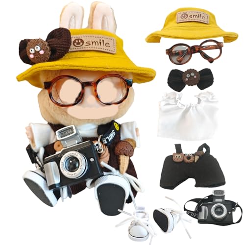 Kleidung für Labubu, 7-teiliges Set (keine Puppe), für 17 cm große Puppen, einschließlich Kleidung, Hüte, Hosen, Schuhe, Brillen, Haarnadeln, Kameras, Puppenzubehör (braun) von Vasrou