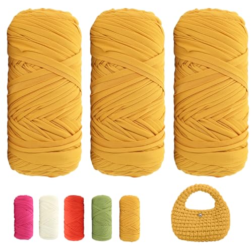 T-Shirt Garn 600g - Häkelgarn, Weiches Bandgarn, 3pcs Extra dickes Textilgarn zum Häkeln und Stricken, geeignet für Häkeltaschen, Mützen, Teppiche, DIY-Kunsthandwerk - Rattan gelb von Vauki