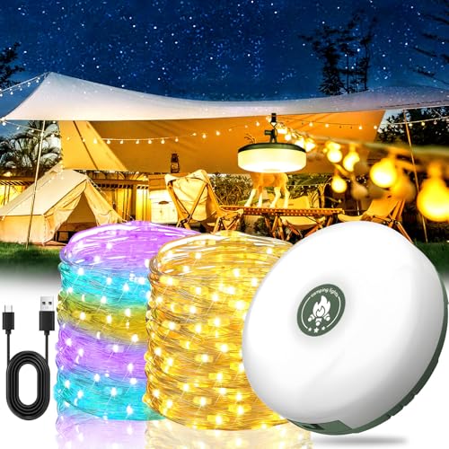 Vautvis Camping Lichterkette, Camping Lichterkette Aufrollbar 10M mit 8 Beleuchtungsmodi, Wasserdicht IP44, 2000mAh Akku, Tragbare Zelt Lichterkette, Outdoor Beleuchtung Camping Lichterkette von Vautvis