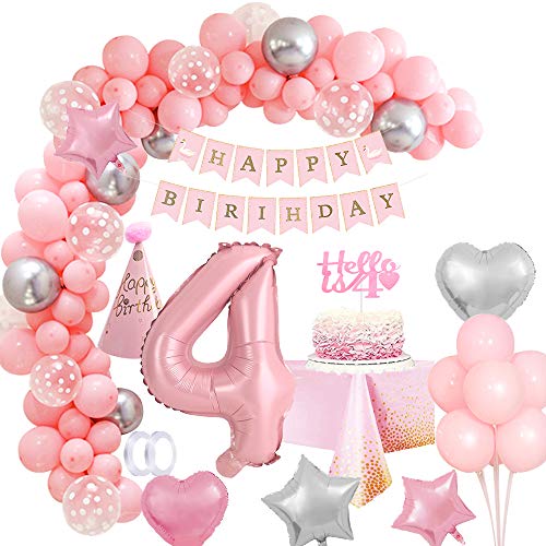 4.Geburtstag Mädchen Rosa Geburtstagsdeko 4 Jahr Mädchen, Luftballon Geburtstag Mädchen 4 Deko Happy Birthday Girlande Dekoration Rosa Ballon 4 Folienballon für Mädchen 4.Geburtstag Mehrweg von Vcumter