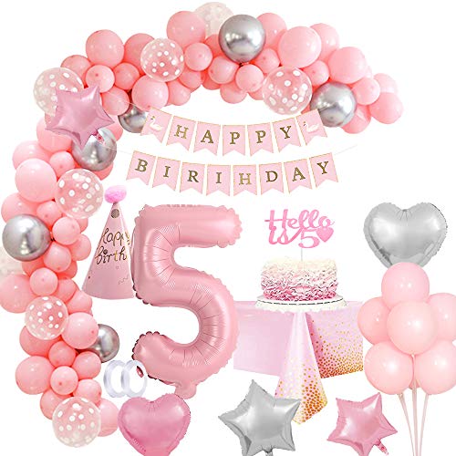 5.Geburtstag Mädchen Rosa Geburtstagsdeko 5 Jahr Mädchen, Luftballon Geburtstag Mädchen 5 Deko Happy Birthday Girlande Dekoration Rosa Ballon 5 Folienballon für Mädchen 5.Geburtstag Mehrweg von Vcumter