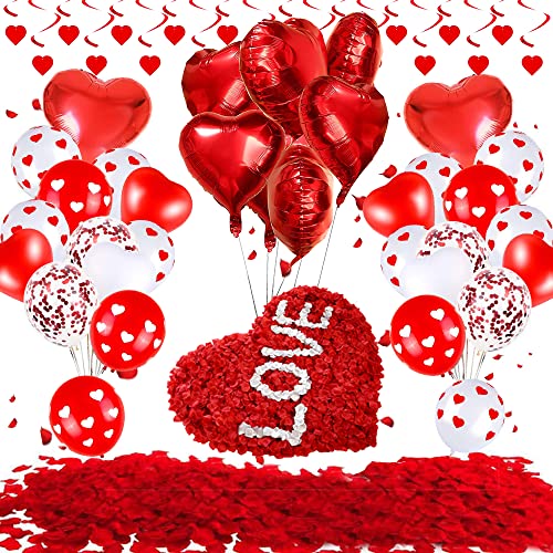 Valentinstag Dekorationen Set, Herzballons mit Rosenblättern Liebesherz Folienballon Rote Konfetti Luftballons für Hochzeit Valentinstag Jahrestag Braut Verlobung Romantische Nacht Party von Vcumter