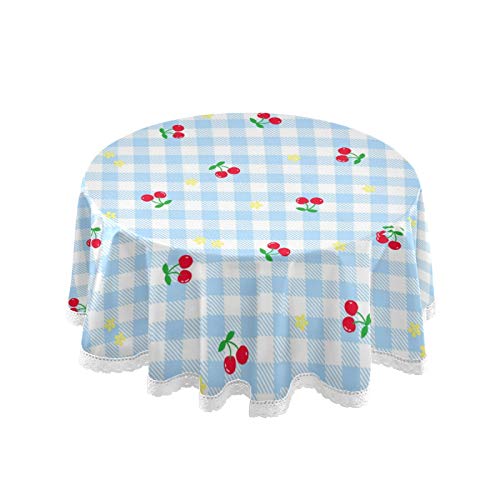 Rote Kirsche Buffalo Plaid Tischdecke Blau Farmhouse Karo Gingham Runde Tischdecken Runde Tischdecken Waschbare Polyester Tischläufer für Küche, Party, Picknick, Esszimmer, Dekoration, 152,4 cm von Vdsrup