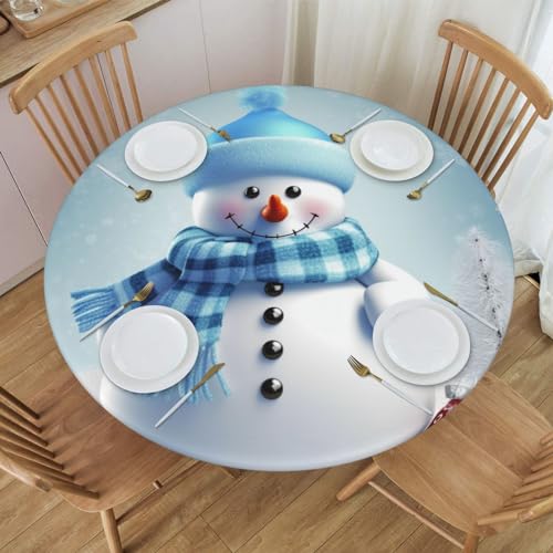 VducK Niedlicher Schneemann bedruckte runde Tischdecke mit elastischem Rand, wasserdicht, elastisch, Tischdecken, runde Tische für Abendessen, Outdoor, Picknick, Blumen von VducK