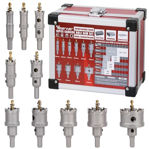 Vearter 10 Stück Lochsäge Set, 16–50mm Hartmetall Lochsägen Set, TCT Lochbohrer Bohrer für Edelstahl, Eisen, Baustahl, Aluminium, Legierung, Kunststoff, Glasfaser Vearter 10 Stück Lochsäge Set, 16–50mm Hartmetall Lochsägen Set, TCT Lochbohrer Bohrer für Edelstahl, Eisen, Baustahl, Aluminium, Legierung, Kunststoff, Glasfaser von Vearter