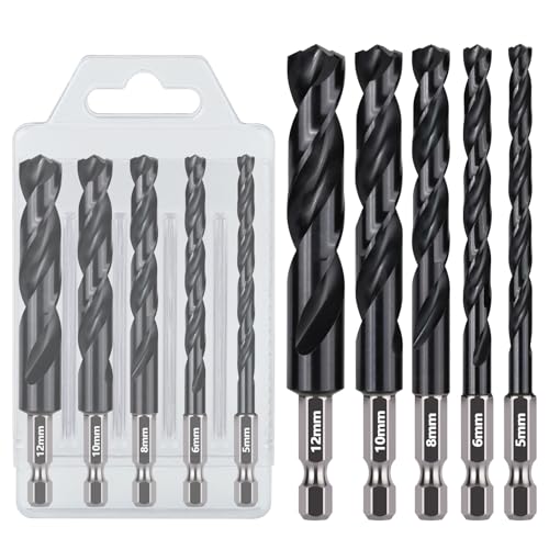 Vearter 5 Stück Metallbohrer Set 5/6/8/10/12 mm, HSS M2 Bohrersets mit Sechskantschaft Schnellwechsel, AITiN beschichteter Bohrer Set für Metallrohr, Edelstahl, Holz, Plastik von Vearter
