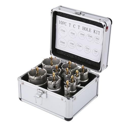 Vearter TCT-Lochsägen-Set für Hartmetall, 16–53 mm, 10 Hartmetall-Bits mit Zentrierbohrer, für Edelstahl, Eisen, Aluminium, Legierungen, Kunststoffe usw. von Vearter