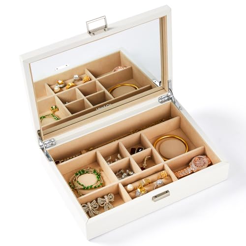 Vee Schmuckkästchen,Schmuckaufbewahrung mit großer Spiegel,Schmuckschatulle Schmuckkasten mit Deckel,PU Leder Schmuck Organizers,Geschenkbox für Damen Mädchen Frauen von Vee&In.