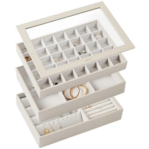 Vee Schmuckkästchen,Schmuckkasten mit 3 Ebenen,Schmuckaufbewahrung mit Glasdeckel,Schmuckschatulle Stapelbar,viel Stauraum,PU Leder Schmuck Organizers,Geschenk für Mädchen Frauen,Grau,30x21x15cm von Vee&In.