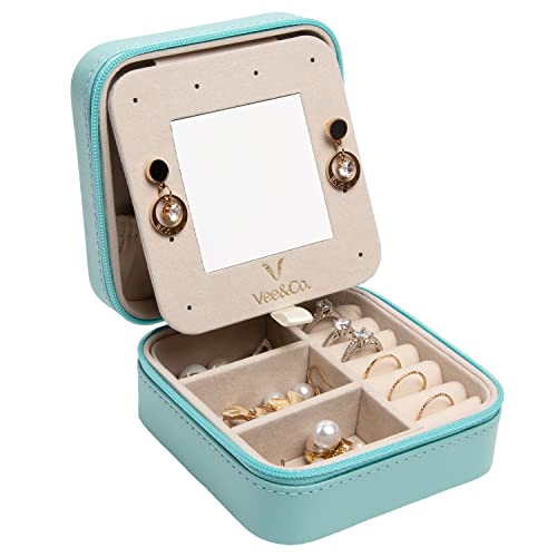 Vee Schmuckkästchen Reise,Kleine Schmuckschatulle für Damen,Reiseschmuckaufbewahrung mit Spiegel,PU-Leder Schmucketui Schmuckbox Jewelry Box für Ringe,Armbänder,Ohrringe,Halskette,Geschenk (Blau) von Vee&In.