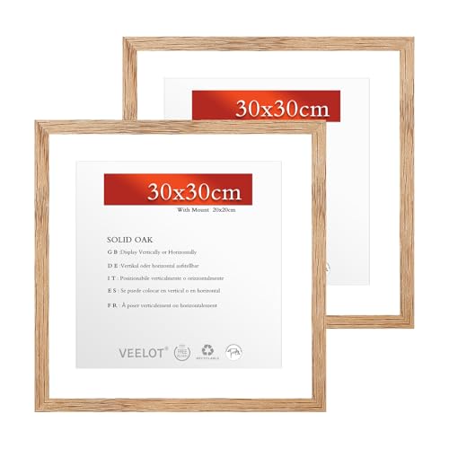 Veelot® 2x Bilderrahmen 30x30cm,Natur Holz Eiche,Passepartout 20x20cm,Mittelgroßer quadratischer Bilderrahmen 30x30cm | Holzbilderrahmen Poster Echtholz von Veelot