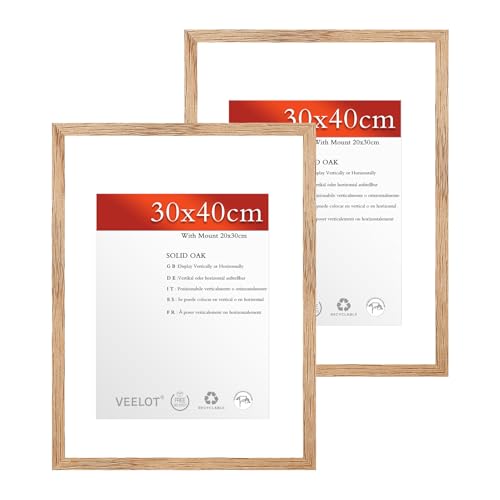 Veelot® 2x Bilderrahmen 30x40cm,Natur Holz Eiche,Passepartout 21x30cm,Großer Diplom- und Dokumentenrahmen | Holzbilderrahmen Poster Echtholz von Veelot