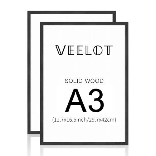 Veelot® 2x Bilderrahmen DIN A3 29.7x42cm,Natur Holz Abachi Schwarz,Passepartout 21x30cm,Zertifikatsrahmen 30x42cm mit bruchsicherem Acrylglas | Holzbilderrahmen Poster Echtholz von Veelot