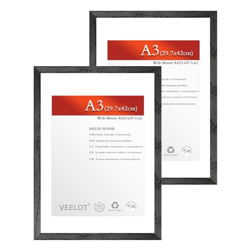 Veelot® 2x Bilderrahmen DIN A3 29.7x42cm,Natur Holz Abachi Schwarz,Passepartout 21x30cm,Zertifikatsrahmen 30x42cm mit bruchsicherem Acrylglas | Holzbilderrahmen Poster Echtholz von Veelot