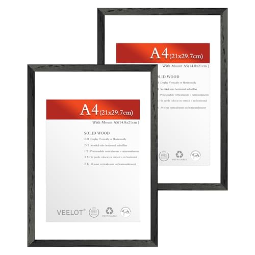 Veelot® 2x Bilderrahmen DIN A4 21x29.7 cm,Natur Holz Abachi Schwarznholz,Passepartout 15x21cm,Zertifikatsrahmen 21x30cm mit bruchsicherem Acrylglas | Wandmontage oder Tischaufsteller von Veelot