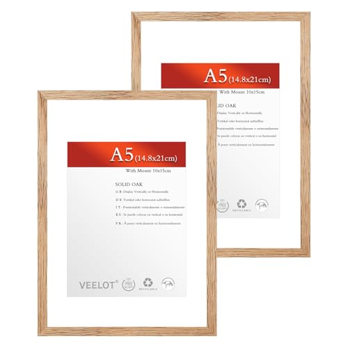 Veelot® 2x Bilderrahmen DIN A5 14.8x21cm,Natur Holz Eiche,Passepartout 10x15cm,Zertifikatsrahmen 15x21cm mit bruchsicherem Acrylglas | Holzbilderrahmen Poster Echtholz von Veelot