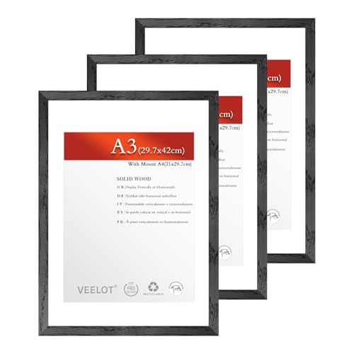 Veelot® 3x Bilderrahmen DIN A3 29.7x42cm,Natur Holz Abachi Schwarz,Passepartout 21x30cm,Zertifikatsrahmen 30x42cm mit bruchsicherem Acrylglas | Holzbilderrahmen Poster Echtholz von Veelot