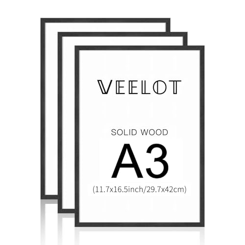 Veelot® 3x Bilderrahmen DIN A3 29.7x42cm,Natur Holz Abachi Schwarz,Passepartout 21x30cm,Zertifikatsrahmen 30x42cm mit bruchsicherem Acrylglas | Holzbilderrahmen Poster Echtholz von Veelot
