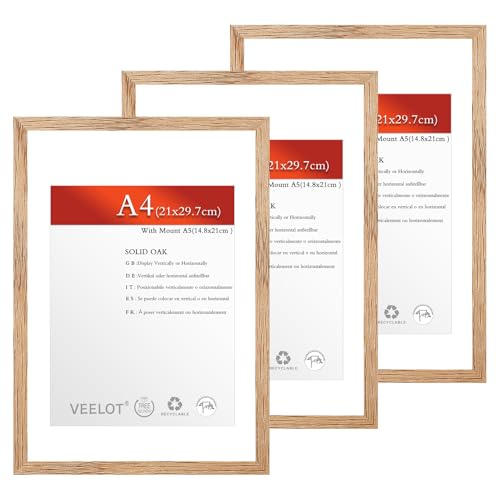 Veelot® 3x Bilderrahmen DIN A4 21x29.7 cm,Natur Holz Eichenholz,Passepartout 15x21cm,Zertifikatsrahmen 21x30cm mit bruchsicherem Acrylglas | Wandmontage oder Tischaufsteller von Veelot