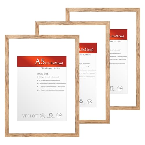 Veelot® 3x Bilderrahmen DIN A5 14.8x21cm,Natur Holz Eiche,Passepartout 10x15cm,Zertifikatsrahmen 15x21cm mit bruchsicherem Acrylglas | Holzbilderrahmen Poster Echtholz von Veelot