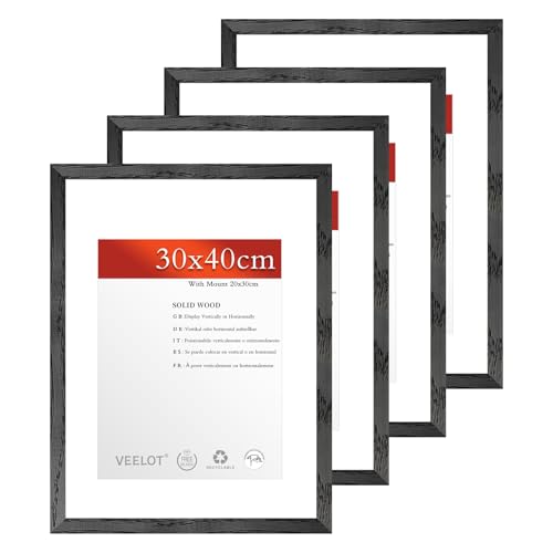 Veelot® 4x Bilderrahmen 30x40cm,Natur Holz Abachi Schwarz,Passepartout 21x30cm,Großer Diplom- und Dokumentenrahmen | Holzbilderrahmen Poster Echtholz von Veelot