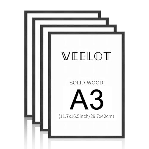 Veelot® 4x Bilderrahmen DIN A3 29.7x42cm,Natur Holz Abachi Schwarz,Passepartout 21x30cm,Zertifikatsrahmen 30x42cm mit bruchsicherem Acrylglas | Holzbilderrahmen Poster Echtholz von Veelot