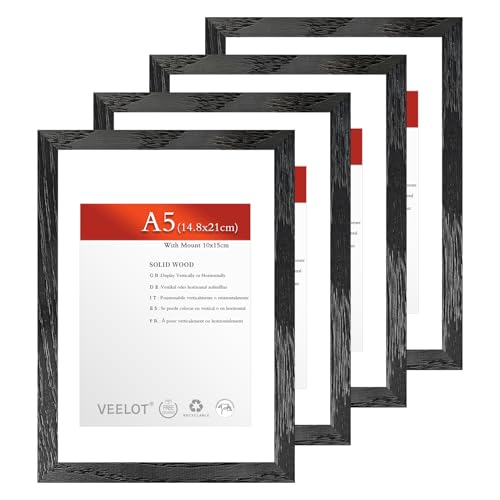 Veelot® 4x Bilderrahmen DIN A5 14.8x21cm,Natur Holz Abachi Schwarz,Passepartout 10x15cm,Zertifikatsrahmen 15x21cm mit bruchsicherem Acrylglas | Holzbilderrahmen Poster Echtholz von Veelot