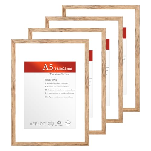 Veelot® 4x Bilderrahmen DIN A5 14.8x21cm,Natur Holz Eiche,Passepartout 10x15cm,Zertifikatsrahmen 15x21cm mit bruchsicherem Acrylglas | Holzbilderrahmen Poster Echtholz von Veelot