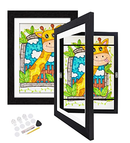 Veelot Bilderrahmen Kinderzeichnungen A4 Frontale Öffnung austauschbare Kinder Kunst Rahmen für Kinder Kunst Projekte Schule Arbeit Handwerk A4 Wandkunst (schwarz 2 set) von Veelot