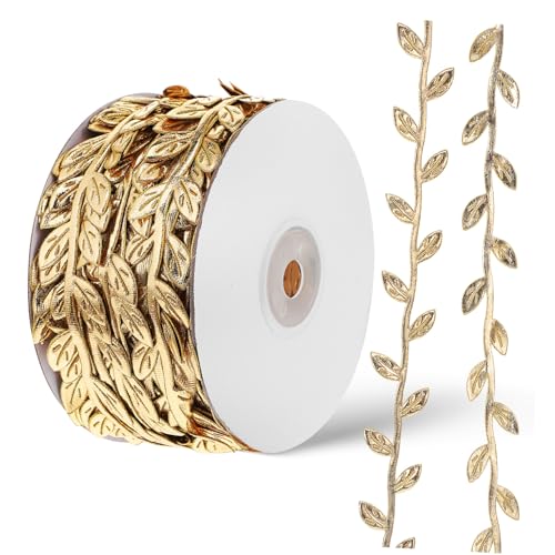 Veemoon 1 Rolle Blumen-Rattan-Beleuchtung Blattbesatz trimmen Blattband zum Basteln Weinband Blattrebenband Kranzmaking -Vorräte Seilband künstlicher Glitzer Stoff Golden von Veemoon