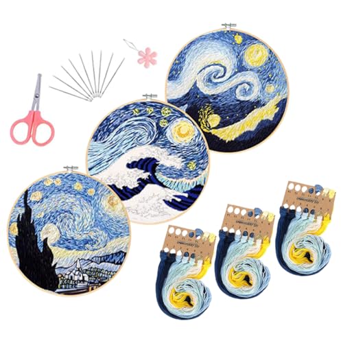Veemoon 1 Satz Starter Stickset für Anfänger DIY Stickerei Kit mit Verschiedenen Van Gogh Sternenhimmel Mustern Ringen Pinken Schere und Nadel für Kreative Junge Mädchen und Erwachsene von Veemoon