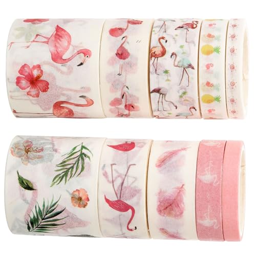 Veemoon 10Rollen Flamingo Washi Tape Ästhetisches Dekoratives Klebeband für Scrapbooking DIY Projekte Langlebig Einfach Zuzuschneiden für und Bastelideen von Veemoon