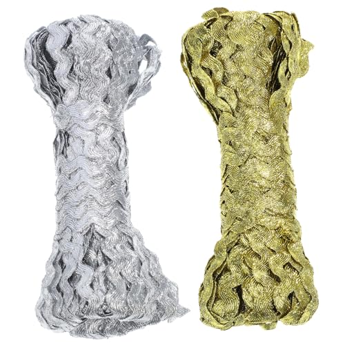 Veemoon 2 Rollen Metallic Wellenborte Gold Silber Zierband zum Nähen Wellenförmiger Zopfbesatz für Kleidung Taschen DIY Bastelmaterial Glänzende Textur Langlebig Auffällig von Veemoon