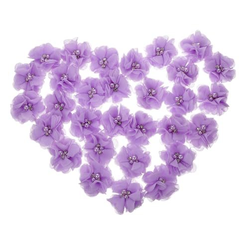 Veemoon 30 Stück Chiffon Blumen mit Perlen und Strass Dekorative Stoffblumen für DIY Hochzeitsaccessoires Haarschmuck und Bastelarbeiten Leicht Lila von Veemoon