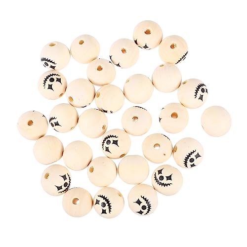 Veemoon 30 Stück Halloween Holzperlen Runde Lose DIY Bastelperlen für Schmuckherstellung und Dekoration Natürlichem Holzton für Armbänder und von Veemoon