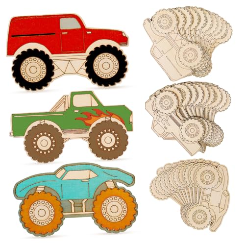 Veemoon 30 Stück Holz Monster Truck Dekoration Unbemalte Holz Ausschnitte zum Basteln für Kindergeburtstage Fahrzeuge zum Anmalen DIY Ornamente für Partys und Bastelprojekte von Veemoon