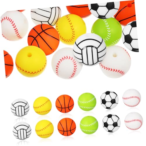 Veemoon 30 Stück Teiliges Silikonperlen mit Sportsball Motiven Runde Abstandshalter Perlen Strapazierfähige Lose Schmuckperlen für Armband und Schlüsselanhänger Bastelarbeiten Vielseitig von Veemoon