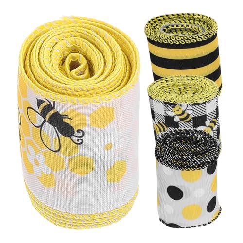Veemoon 4 Rollen Dekorative Blumenverpackungsbänder mit Bienenmuster Verarbeitung Leichtes Stoffband aus Polyester Vielseitig für Geschenkverpackung DIY Bastelprojekte Blumen und von Veemoon