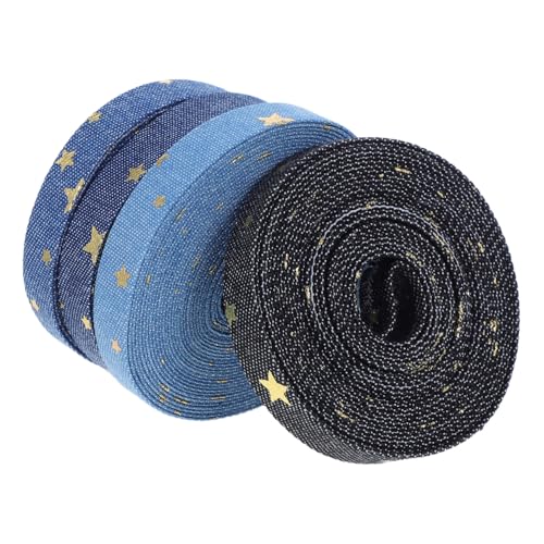 Veemoon 4 Rollen Denim Stoffband mit Goldfolie Sternen Breit Modisches Diy Bastelband für Kleidung Geschenkverpackung Festliche Dekoration Weiches Material Vielseitig für Handarbeiten von Veemoon