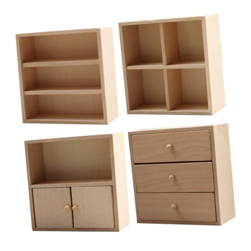 Veemoon 4 Stück Mini-möbel Puppenhaus-miniaturschrank Mini-puppenmöbel Möbeldekoration Selber Machen Miniatur -bücherregal Bastelschrank Minischrank Für Puppenhaus Mini-Tisch Beige Holz von Veemoon