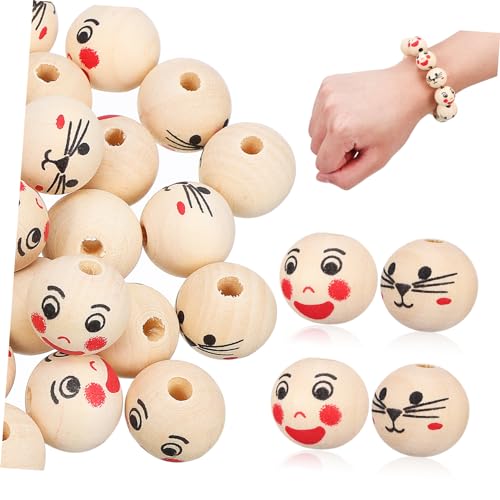 Veemoon 40Stücke Smile Face Holzperlen Große für DIY Armbänder Bastelperlen Natürlichem Lotusholz für Kreative Projekte und Handarbeiten von Veemoon