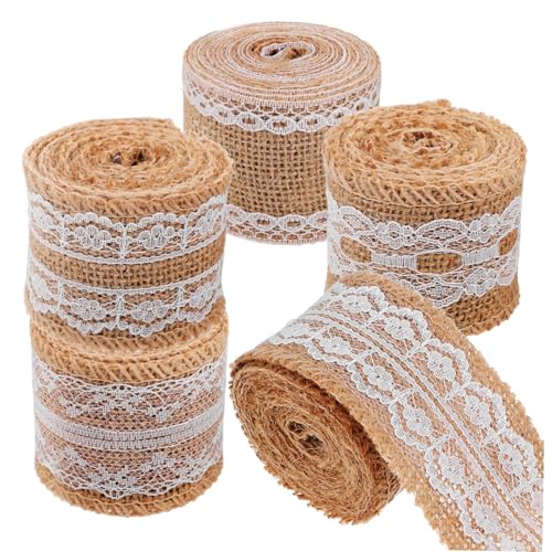 Veemoon 5Rollen Jute Spitzenband Dekoratives Geschenkband für Hochzeiten Weihnachten und Bastelprojekte Vielseitiges Sackleinenband mit Einzigartigen Spitzenmustern von Veemoon