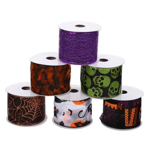 Veemoon 6 Rollen Teiliges Halloween Geschenkband Set Langlebigem Vielseitig für DIY Geschenkverpackung Wreath Dekoration und Bastelarbeiten Leichte Reißfeste Bänder für Halloween Party von Veemoon