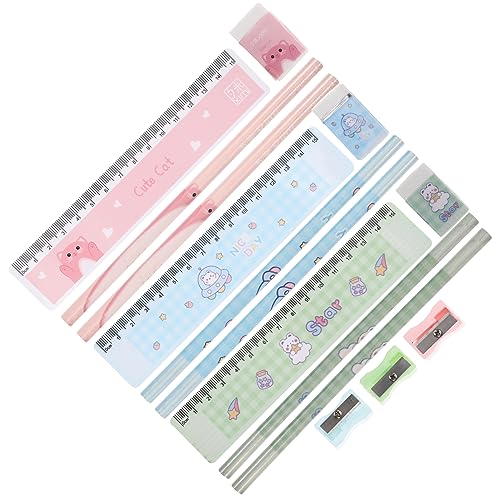 Veemoon 6Sätze Bleistift für Schüler Teiliges Schulstationery mit Radiergummis und Lineal für Studenten Buntes Design Bär Katze von Veemoon