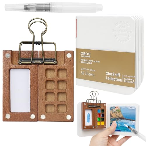 Mini Aquarell Travel Set, Pocket Aquarell Set Mit Aquarellpapier Journal, Aquarellpinsel Stifte Und EIN Clip, 8 Grids Tragbare Skizzenbuch-Palette, für Maler, Künstler, Studenten von Veftsvy