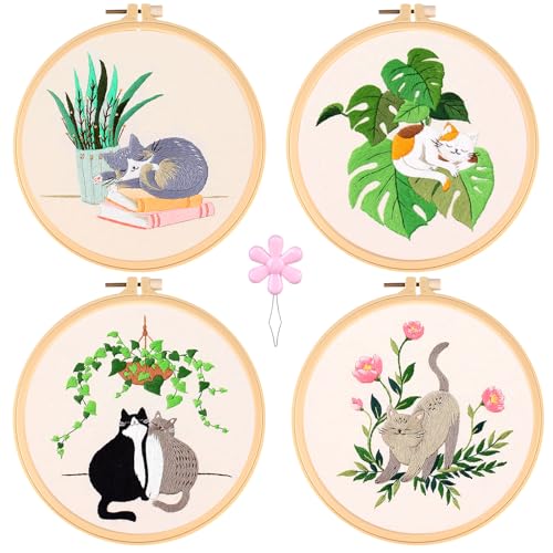 Anfänger Stickerei Set, 4 Stück Stickerei Set Anfänger Mit Muster Und Anleitung, Katzenmuster Kreuzstich-Kit Mit 4 Stück Stickrahmen, Farbfäden Und Werkzeuge, Embroidery Kit Für DIY Kunst, Handwerk von Vegena