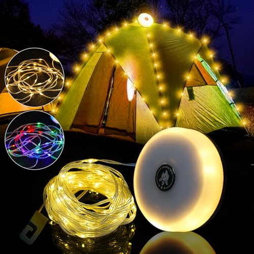 Camping Lichterkette Aufrollbar 2 in 1 Campinglampe, Lichterketten Mit 10m Led Lichterkette Wasserdichte Verstaubare Lichterkette Tragbare Wiederaufladbare Für Outdoor Camping Hof Dekor von Vegena