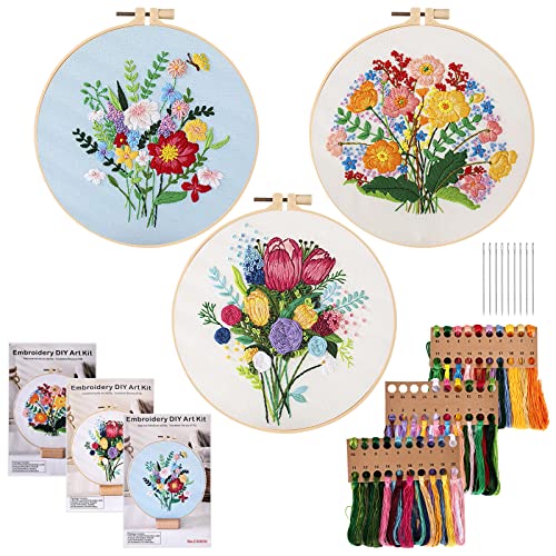 Stickerei Starter Kit - Anfänger Stickerei Set,3 Stück Stickerei Set,Blumenmuster Pflanzen Kreuzstich-Kit,Stickerei Tool Kit mit Muster und Anleitung,Stickerei Kreuzstich für DIY Kunst Handwerk Nähen von Vegena