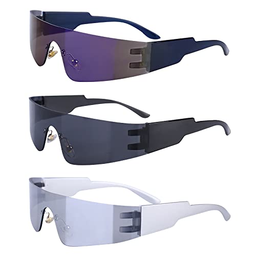 Vegena 3 Paare Futuristische Sonnenbrille, Futuristische Brille, Schnelle Brille Rave, Rahmenlos Partybrille Space Brille Schatten Sonnenbrille Herren Damen für Rollenspiele, Faschingspartys von Vegena